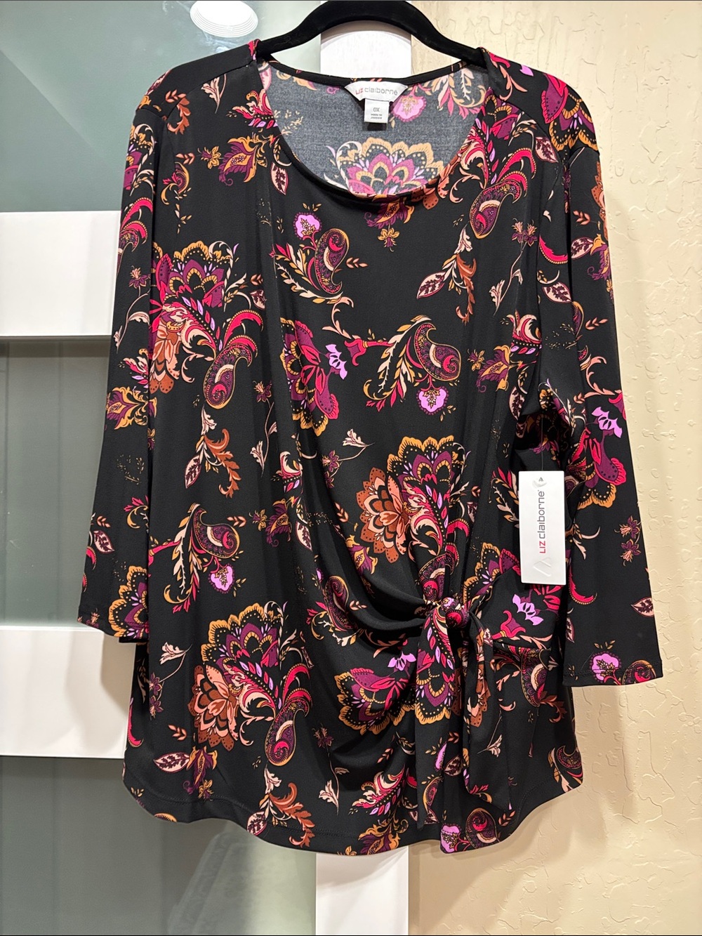 Liz Claiborne Black Floral-Paisley Tie-Front Tunic with Pink & Orange Accents